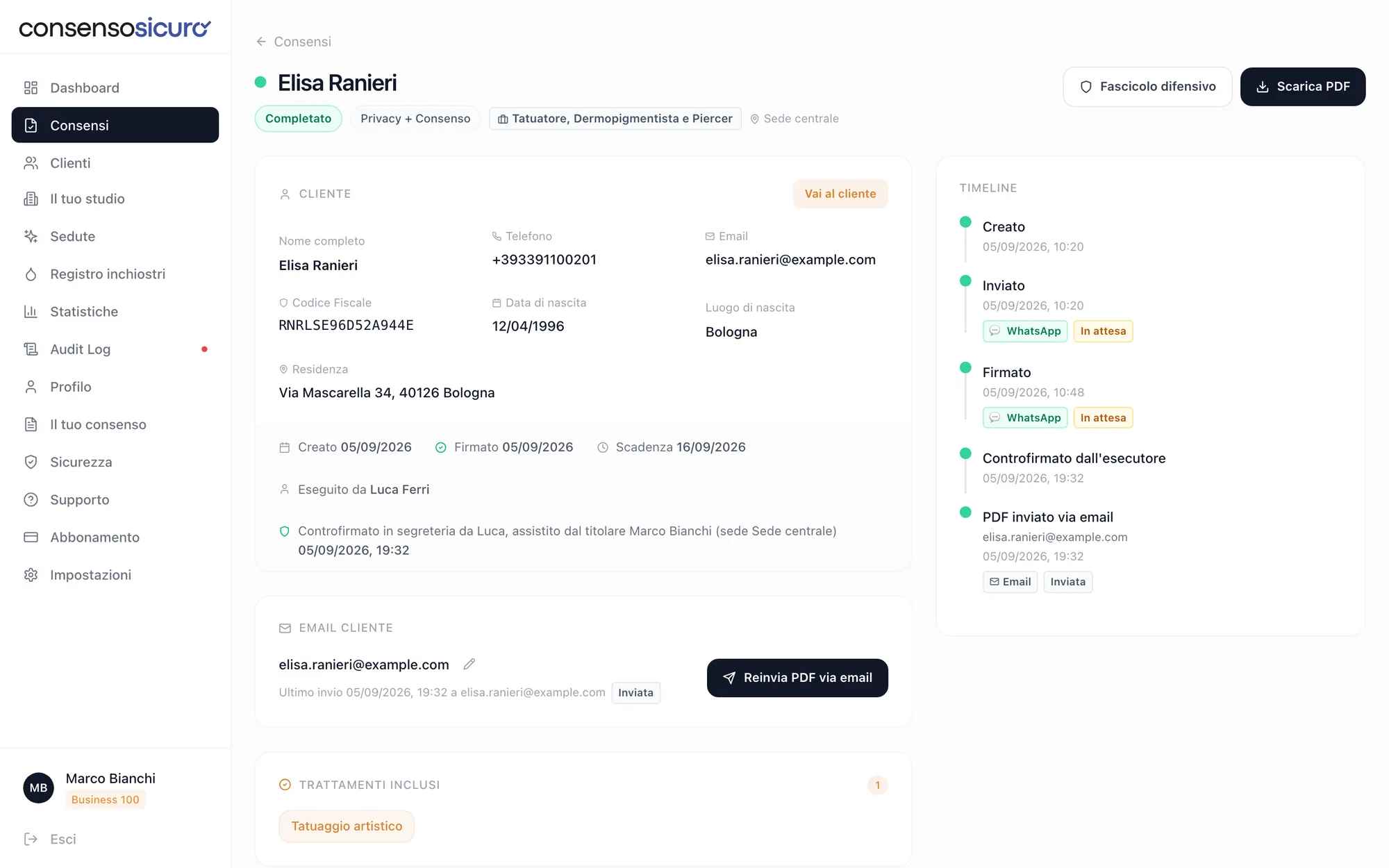 Consenso completato nella dashboard con il PDF disponibile