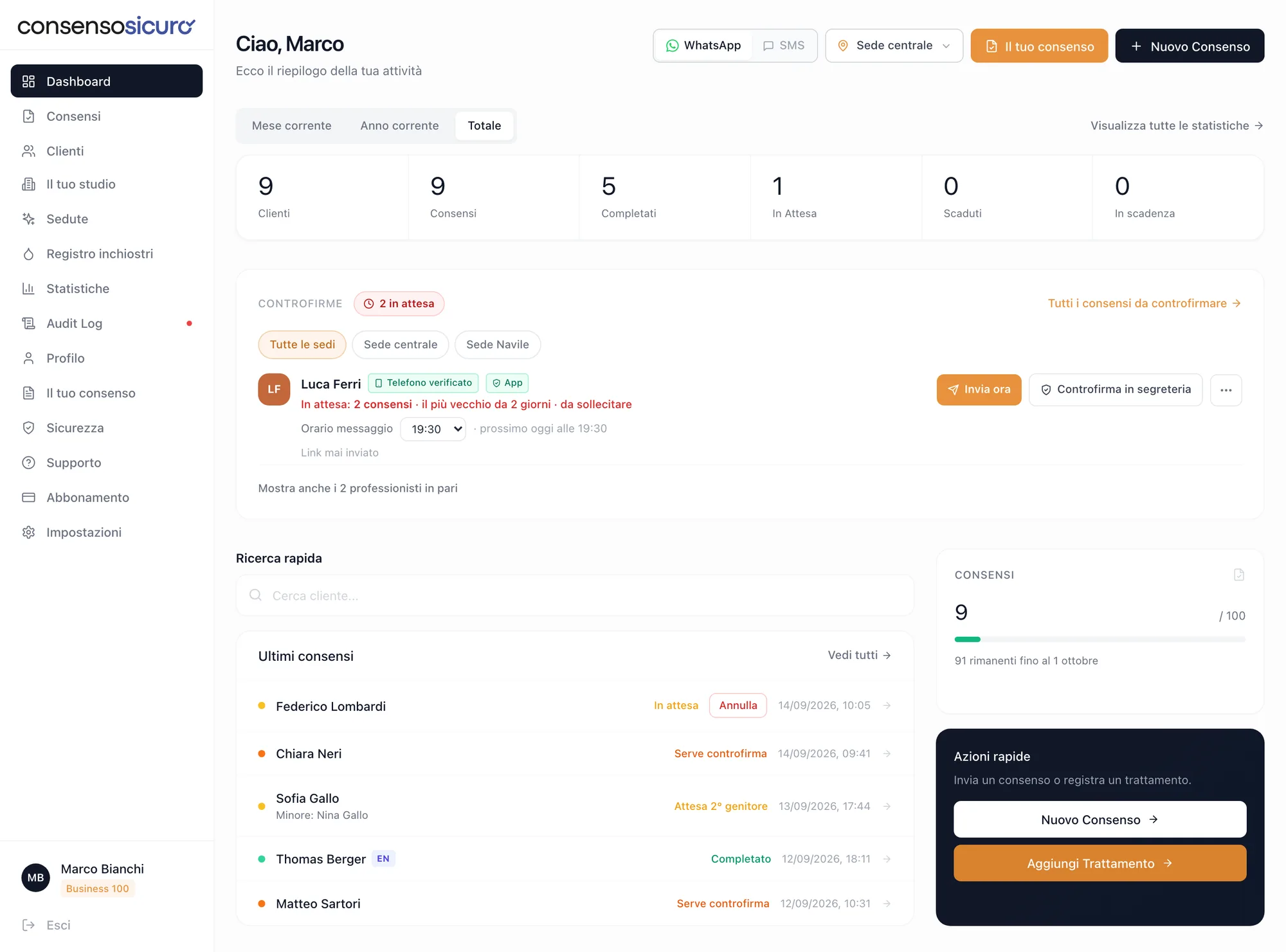 Dashboard di ConsensoSicuro con statistiche, elenco dei consensi e card delle controfirme