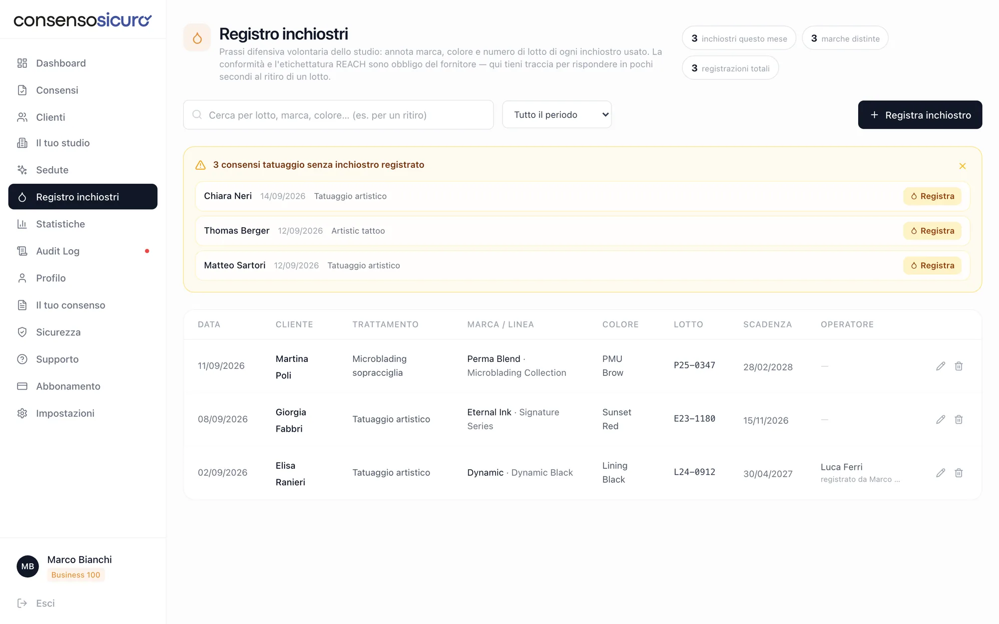 Registro inchiostri con l’elenco dei lotti registrati