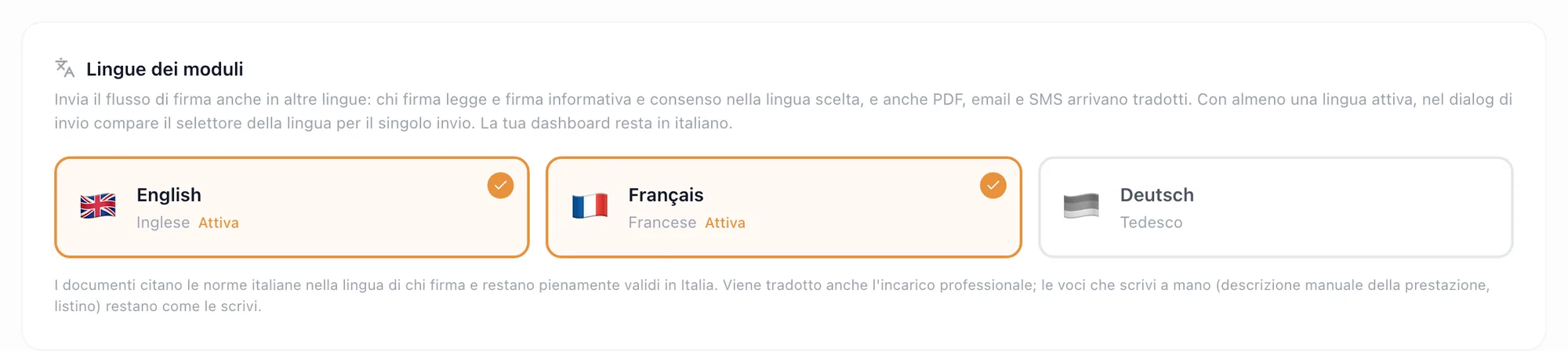 Pagina Impostazioni con la sezione Lingue dei moduli e le lingue attivabili