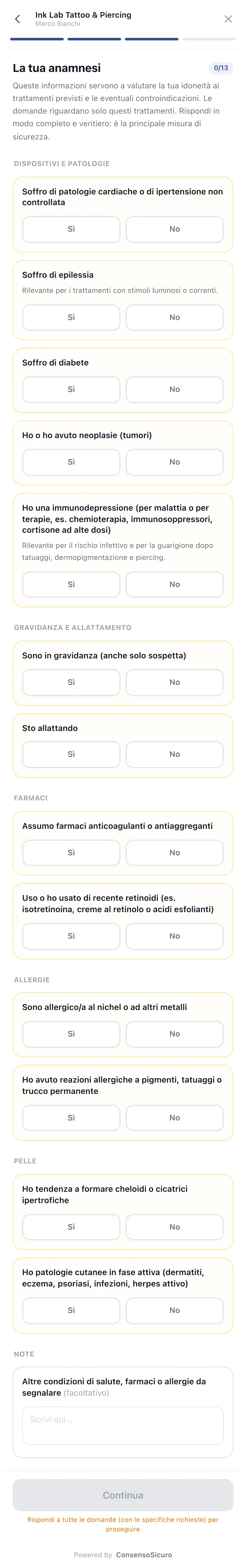 Schermata dell’anamnesi sul telefono del cliente