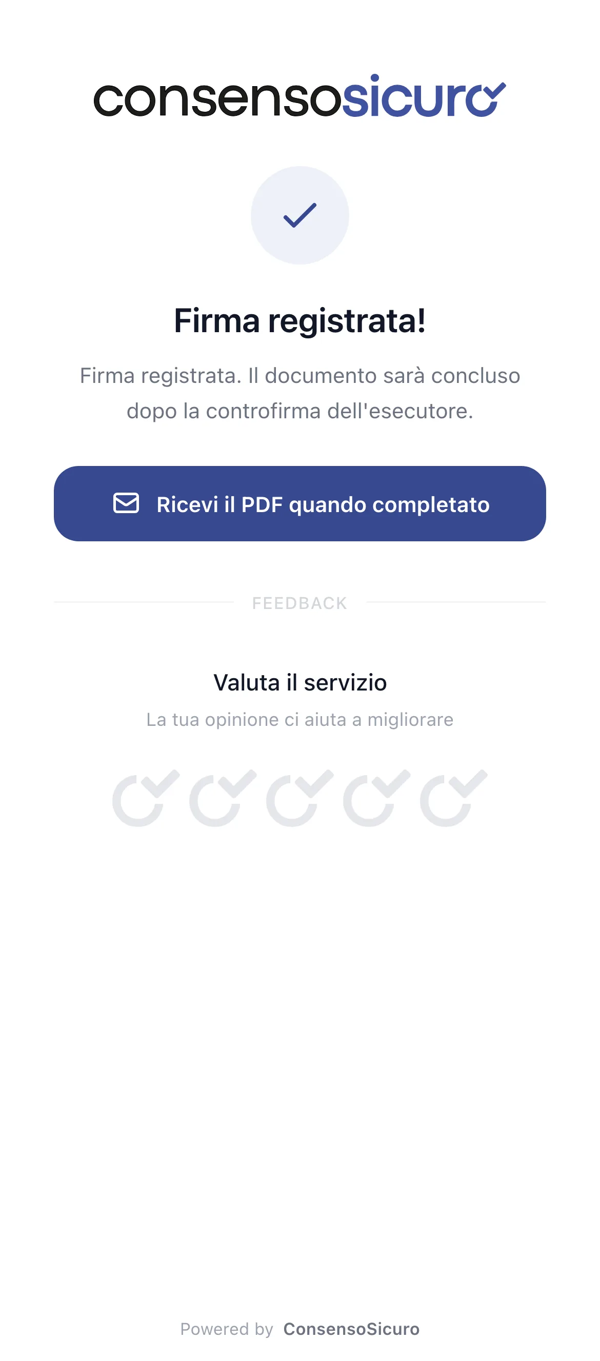 Schermata di conferma dopo la firma del cliente