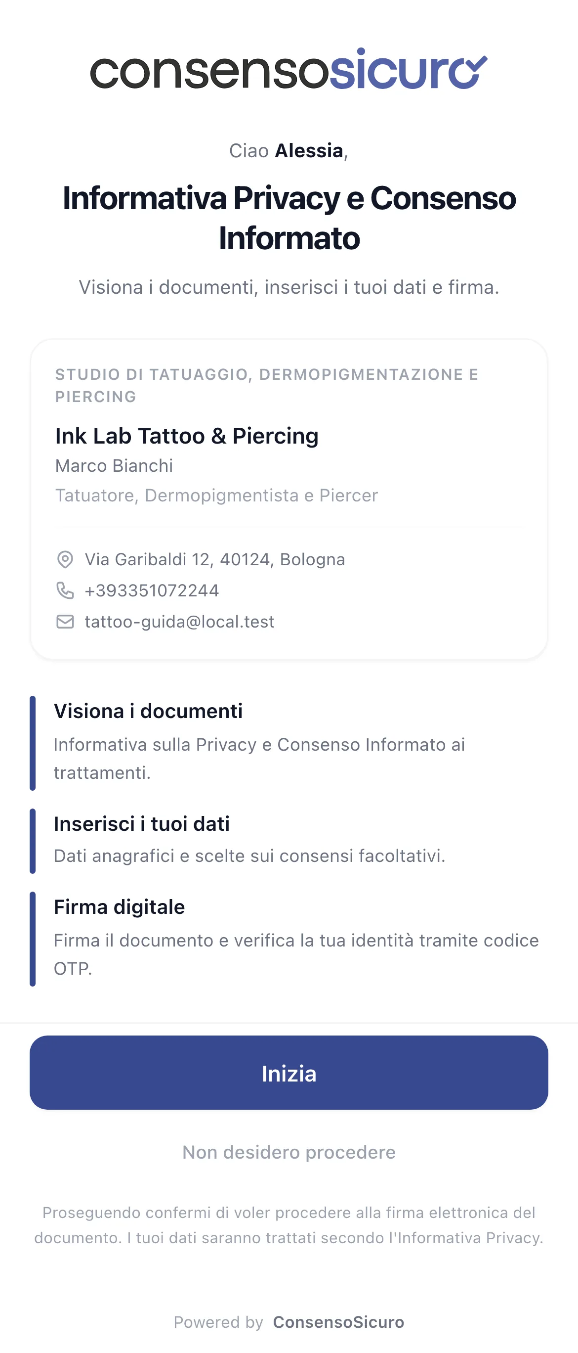 Schermata di benvenuto sul telefono del cliente con logo e nome dello studio
