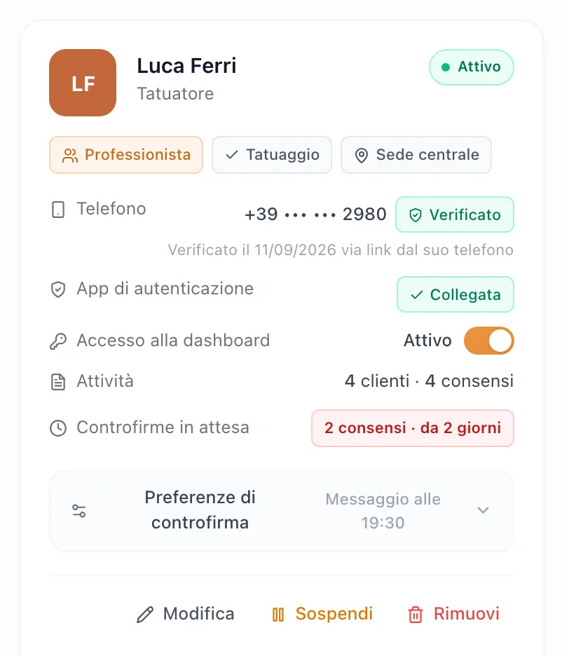 Scheda di un professionista dello studio con lo stato della verifica del telefono