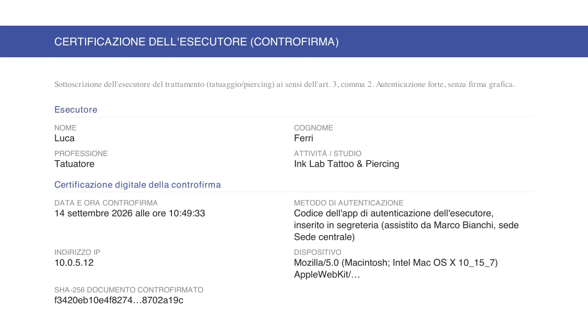 Pagina di certificazione dell’esecutore nel PDF con metodo, data e impronta del documento