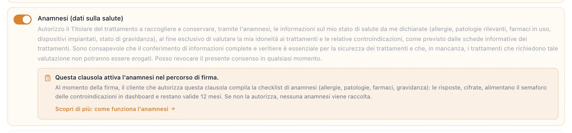 Interruttore della clausola Anamnesi (dati sulla salute) nell’informativa privacy